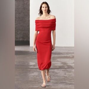 Red Zara off shoulder Bardot midi knit dress